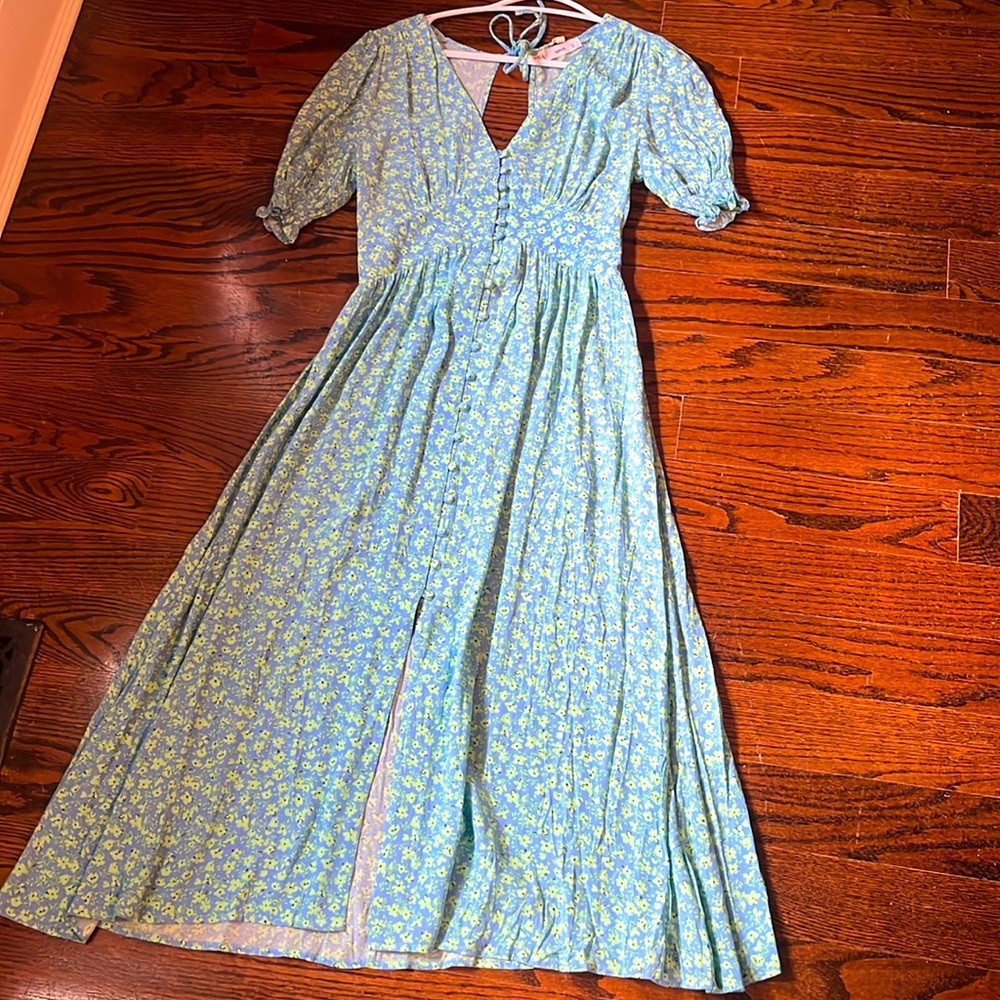 Mango Green Puff Sleeve V-Neck Midi Dress